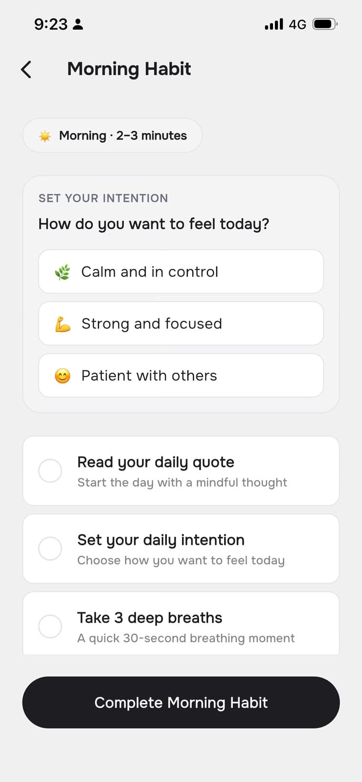 AngerEase morning habit screen