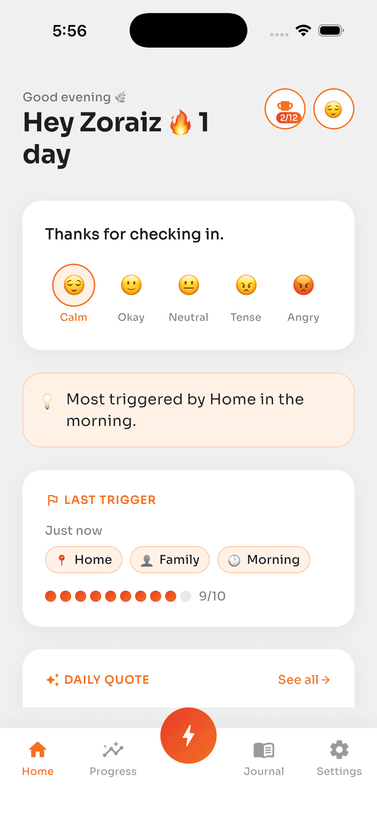 AngerEase dashboard screen