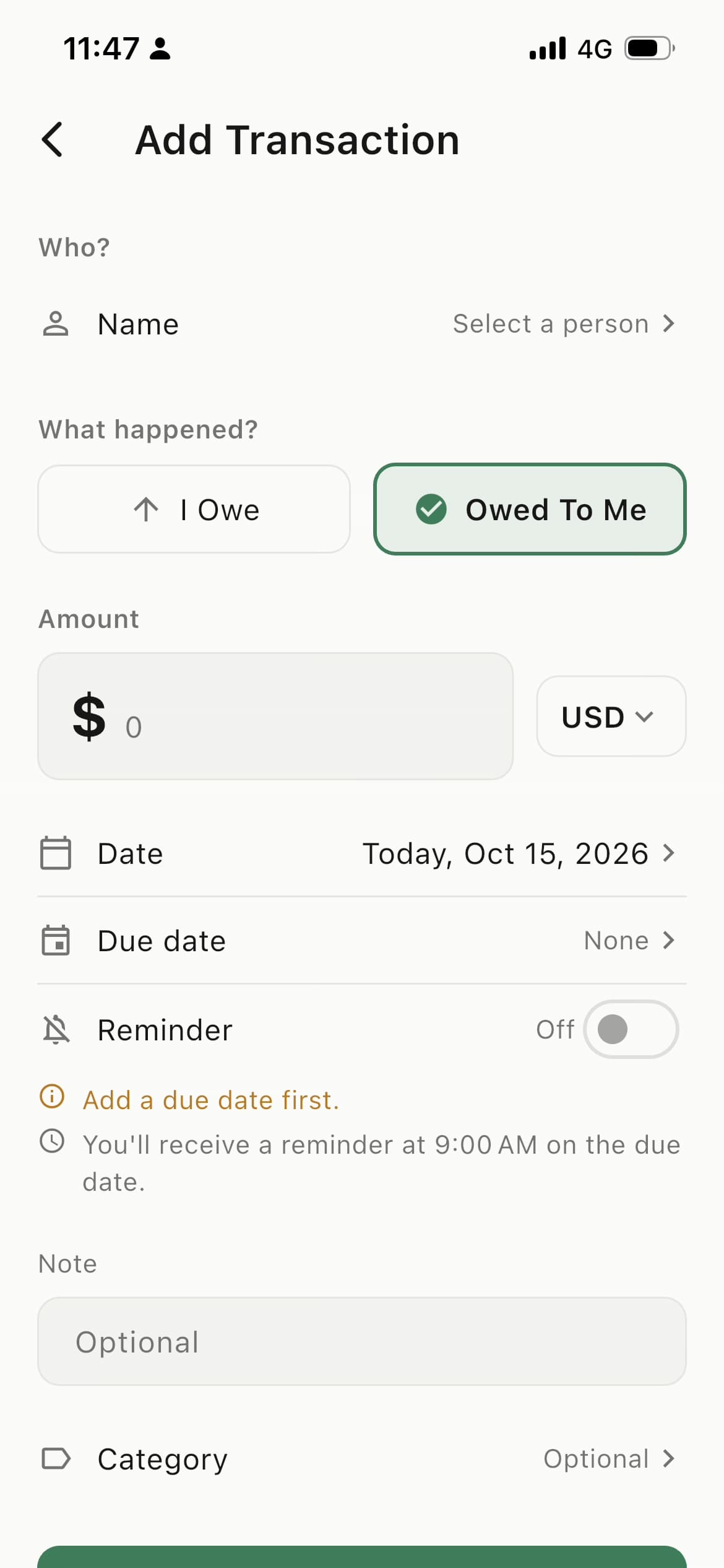 I OWE Add Transaction screen with Owed To Me selected