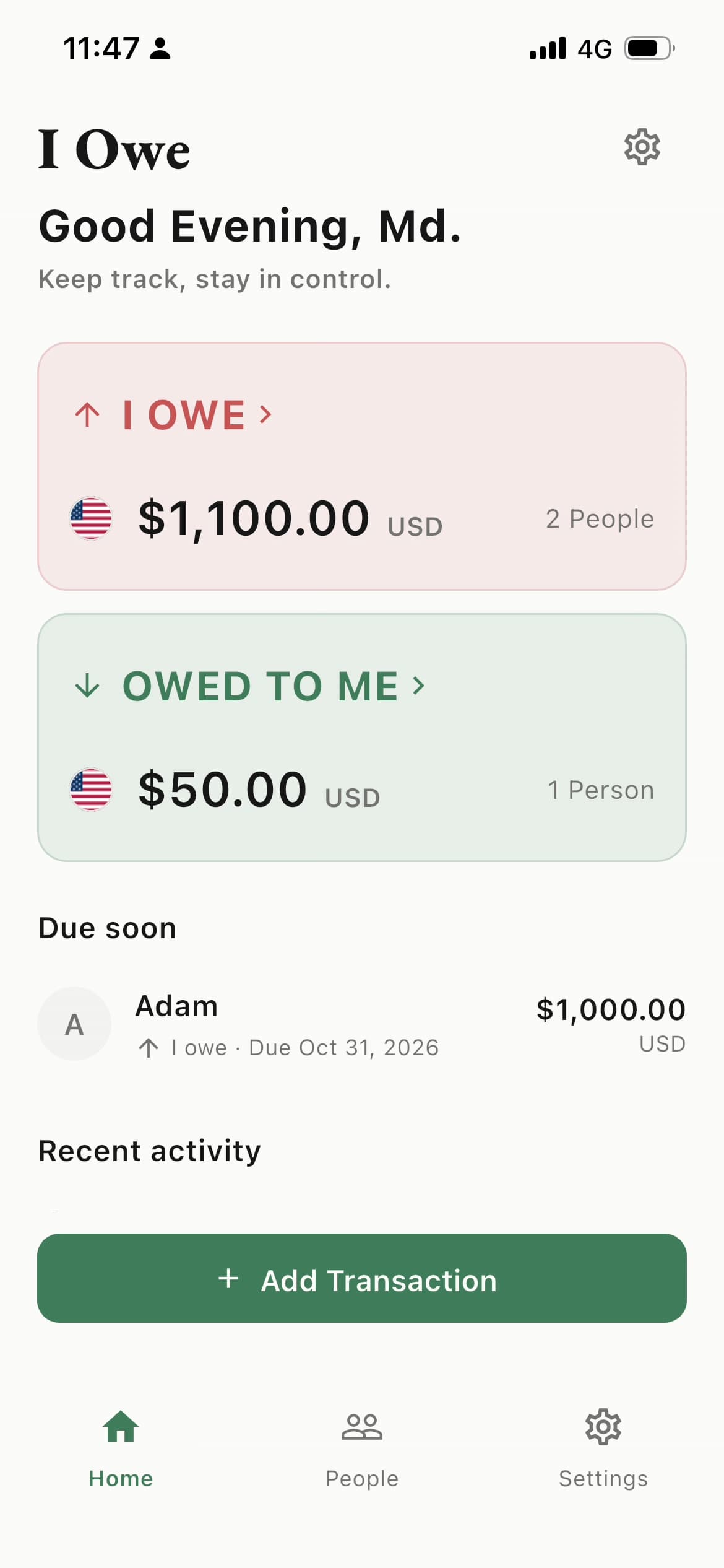 I OWE home screen with I OWE and OWED TO ME balances