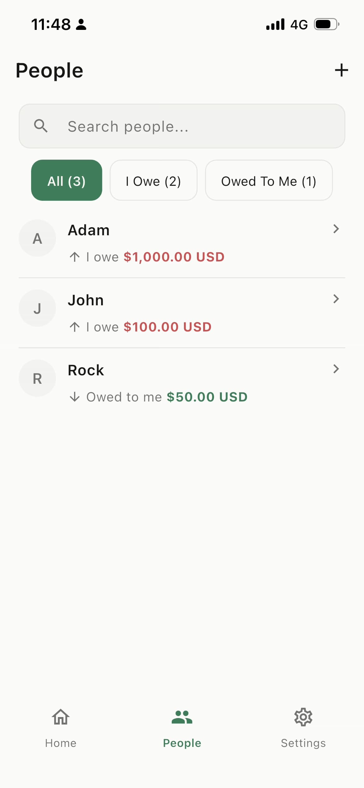 I OWE People list with balances for each person