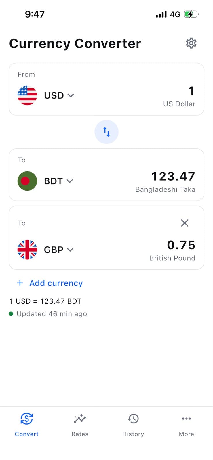 RateWise converter showing 1 US Dollar as 123.47 Bangladeshi Taka