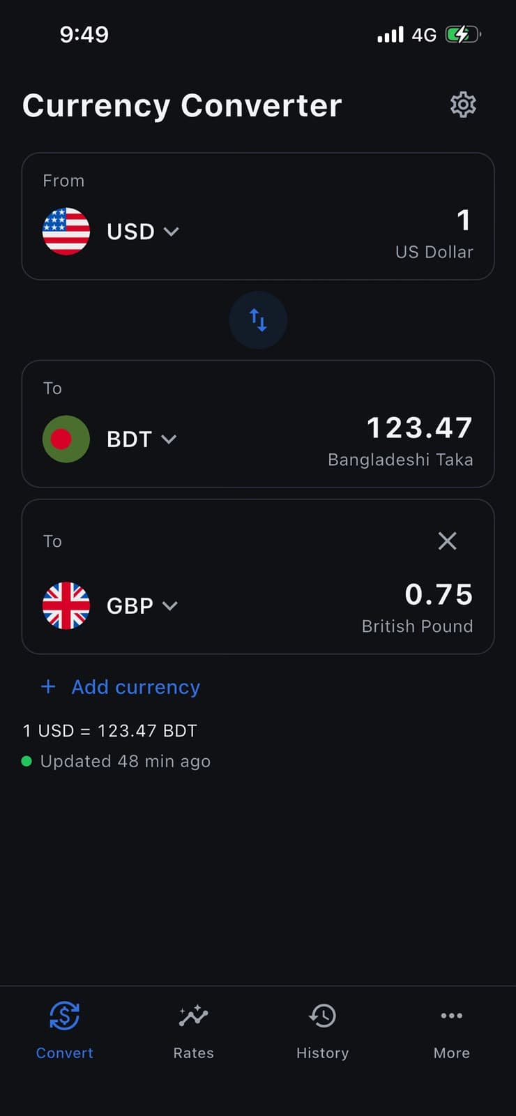 RateWise Currency Converter screen in dark mode