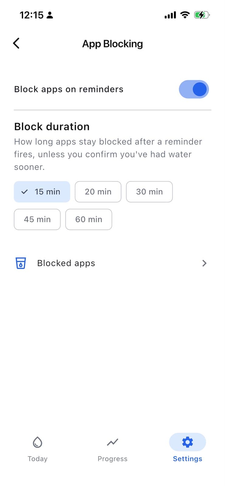 Drink Time app blocking settings with block duration and blocked apps